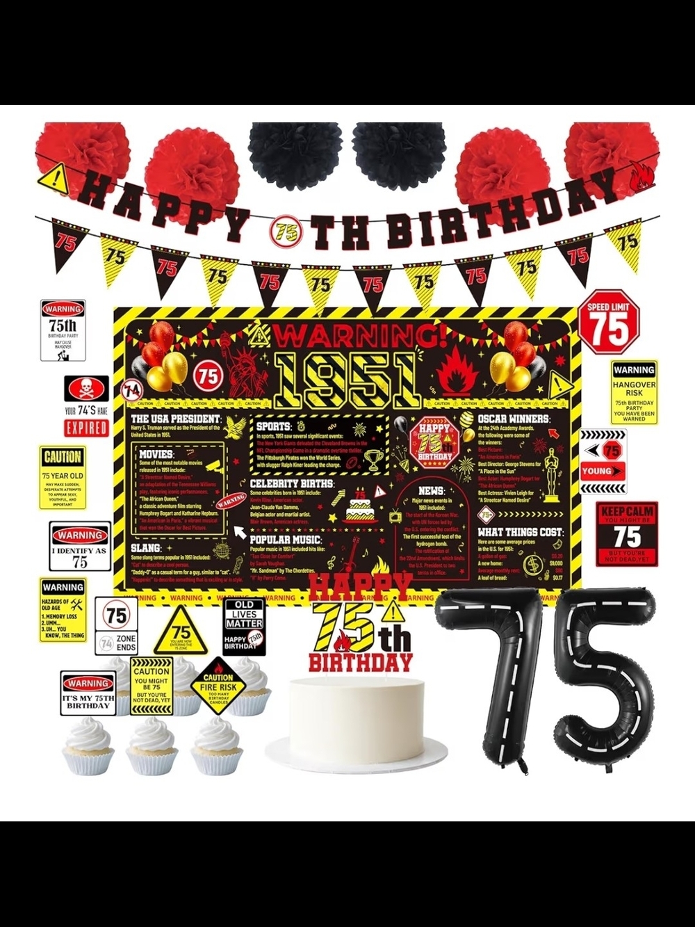 75th Birthday Decorations for Men Women, 33PCS Caution Themed 75th Birthday Part